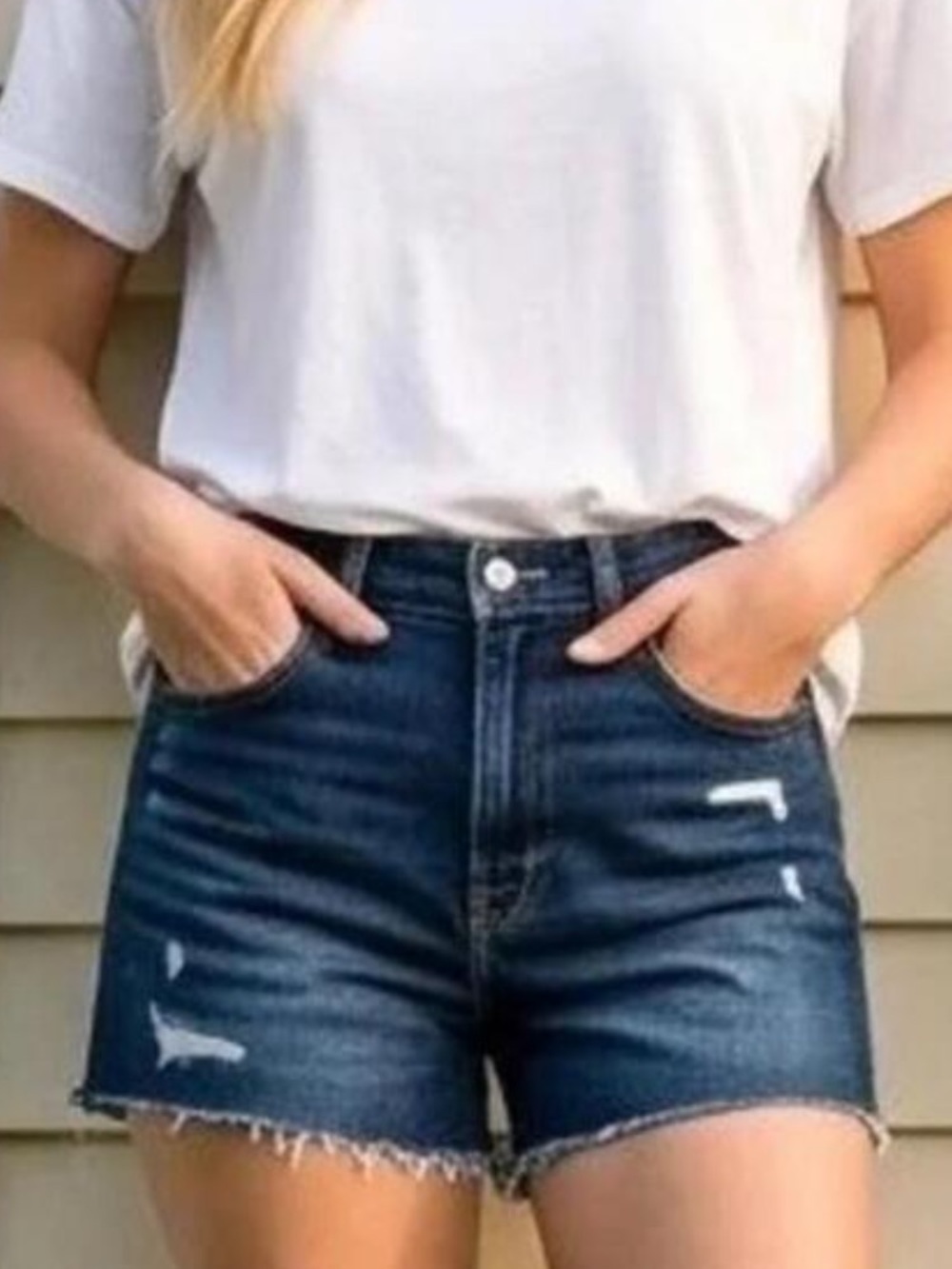 Sky-Hi A-Line Button-fly Dark Blue Distressed Denim Shorts, Old Navy, size 2.